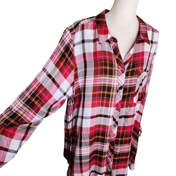 Intro Tops - Intro. NWT Plaid Shirt Womens 3X Pink Black Rayon Flannel Button Up Tunic Top